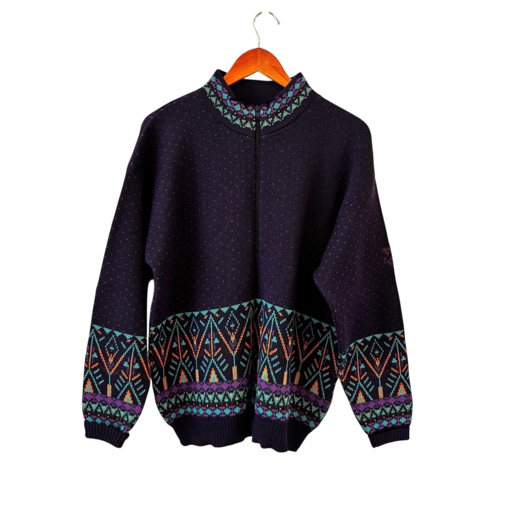 Vintage Descente 1/4 Zip Sweater Mens XL Navy Geometric Nordic Knit Canada